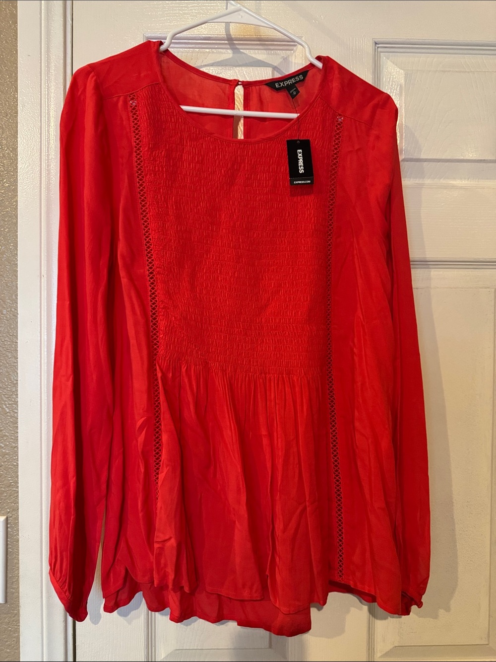 Express Red Smocked Long Sleeve Blouse